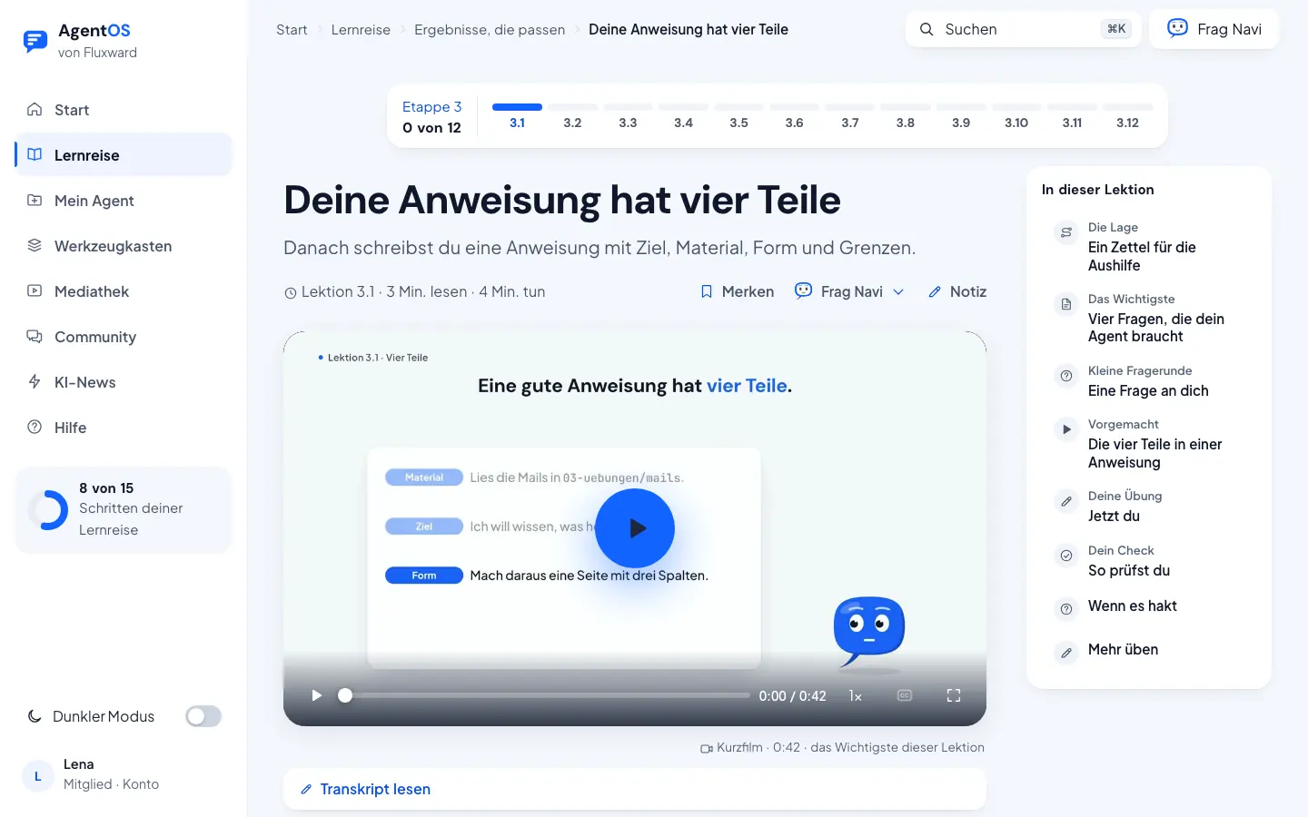 Bildschirmbild: Kapitel mit Kurzfilm und Inhaltsverzeichnis